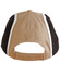A tri-colour baseball cap featuring black, tan, and white panels with an adjustable strap at the back.