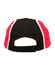 A tri-colour baseball cap featuring black, red, and white panels, with an adjustable strap at the back and a logo.