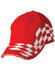 A red cap featuring white checkered embroidery across the front and brim. It has a logo on the side.