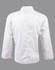 A white long sleeve chef's jacket featuring a simple design and a branded logo on the back.