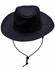 A black slouch hat with a wide brim and adjustable break-away clip for securing under the chin.
