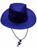 A blue slouch hat with a wide brim and a break-away clip on the chin strap. It includes a logo.