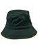 A green bucket hat with a slim brim and an orange underside. It features a logo on the side.