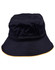 A navy bucket hat with a contrasting yellow trim and a branded logo on the band.