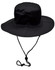 A black surf hat with a wide brim and a clip-on chin strap, featuring ventilation eyelets.