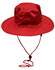A red surf hat with a wide brim and a clip-on chin strap, featuring a logo.