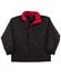A black varsity jacket with a red collar, featuring a branded logo. Suitable for kids.