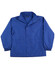 A blue kids' contrast jacket with a collared neckline, front snaps, and side pockets, featuring a logo.