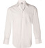 A white long sleeve button-up shirt with a front pocket and a collar, featuring a logo.