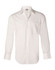 A white long sleeve button-up shirt with a front pocket and a collar, featuring a logo.