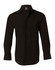 A black long-sleeve button-up shirt made of cotton and polyester with a logo on it.