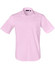 A pink short-sleeved button-up shirt with a pocket and a logo on the collar.
