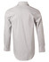 A long-sleeve button-up shirt featuring a grey and white ticking stripe pattern, with a classic collar and a branded label.
