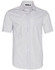 A short-sleeved button-up shirt with a grey and white ticking stripe pattern. Features a collar and a logo.