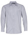 A men's long sleeve button-up shirt featuring fine stripes in light grey and white, with a chest pocket and logo.