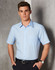 A light blue men's pin stripe short sleeve button-up shirt featuring a chest pocket and a logo.