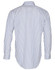 A men's long sleeve shirt in white with blue stripes, featuring a button-up design and a logo on the back.