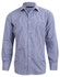 A men's long-sleeve button-up shirt in a navy and white two-tone check pattern, featuring a chest pocket and a logo.