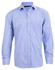 A men's long-sleeve button-up shirt featuring a blue and white check pattern, with a logo on the collar.