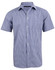 A short-sleeved, button-up shirt featuring a blue and white two-tone check pattern, with a pocket on the chest.