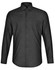 A black men's long-sleeve button-up shirt with a pin dot pattern and a chest pocket. It features a logo on the label.