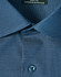 A close-up of a blue pin dot stretch button-up shirt featuring a patterned fabric and a branded tag.