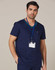 A men's short-sleeve scrub top in navy with contrast colour detail and a chest pocket, featuring a logo and ID badge.