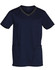 Men's short sleeve scrub top in navy with contrasting trim and pockets. Features a logo on the neckline.