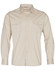 A beige long sleeve military-style shirt with two chest pockets and shoulder epaulettes. It features a button-up front and has a logo.