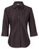 A dark brown women's button-up shirt with 3/4 sleeves, featuring a classic collar and a subtle logo.