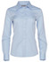 A light blue women's long-sleeve button-up shirt with a collar and button front, featuring branding.