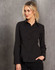 A black women's cotton/poly stretch long sleeve button-up shirt with a fitted design and a collar.