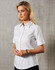 A white women's short-sleeve button-up shirt with a fitted silhouette. It has a collar and subtle branding.