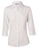 A white women's cotton/poly stretch 3/4 sleeve button-up shirt with a collar and a logo.