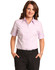 A short-sleeved women's button-up shirt in light pink with a collar and a logo on the chest.