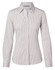 A women's long sleeve button-up shirt with a white and blue ticking stripe pattern. Features a classic collar and branding.