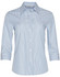 A light blue and white striped women's button-up shirt with 3/4 sleeves and a pointed collar. Features a logo.