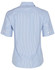 A short sleeve button-up shirt in blue and white stripes, featuring a back view and rolled sleeves. Includes a logo.