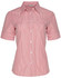A women's short sleeve button-up shirt featuring red and white stripes and a pocket, with a branding logo.