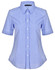 A blue and white gingham check short-sleeve button-up shirt with a collar. Features a logo on the label.