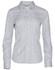 A women's long-sleeve button-up shirt featuring a blue and white sateen stripe pattern. The shirt has a collar and a logo.