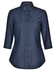 A dark blue ladies' pin dot button-up shirt with 3/4 sleeves and a collar, featuring a logo.