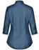 A women's button-up shirt in a blue pin dot pattern, featuring a 3/4 sleeve and a curved hem. It has a logo.