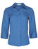 A blue women's 3/4 sleeve shirt with a collar and button-up front, featuring a logo on the chest.