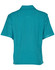 A teal short sleeve overblouse with a collared neck and back pleats, featuring a logo.