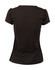 A black women's blouse with ruffle front detail and short sleeves, featuring a fitted silhouette from the back.