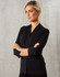 A black mid sleeve shawline knit top featuring a simple design and a logo. Suitable for casual or formal settings.