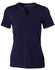 A navy blue ladies' V-neck short sleeve knit top with a tab detail and a logo.