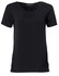 A black short-sleeved knit top with pleats and a round neck, featuring a logo on the tag.