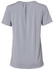 A light grey ladies' round neck short-sleeve knit top featuring pleats at the back. Includes branding.